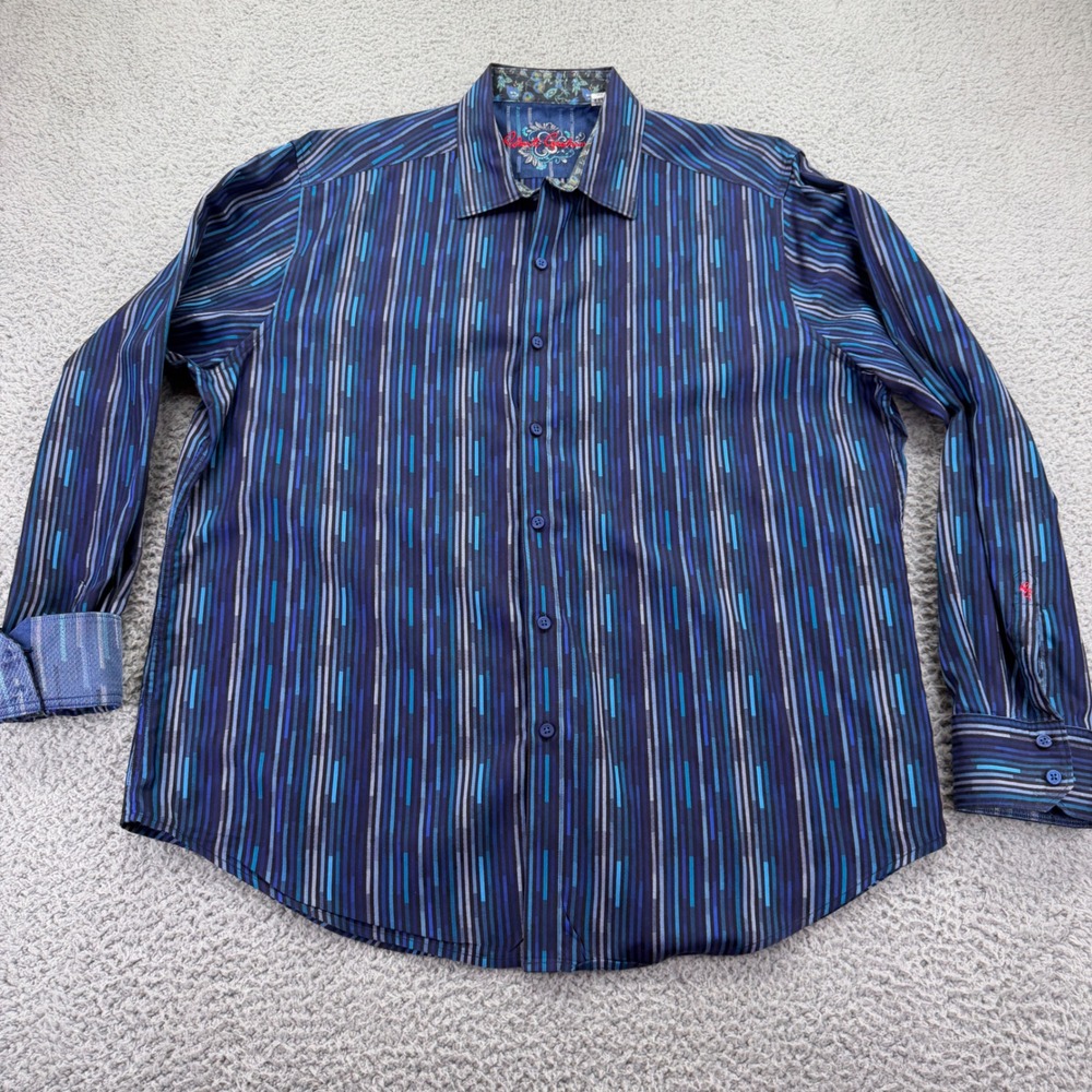 Robert Graham Button Down Shirt Mens 2XL Blue Stripe Excellent Classic Fit Long